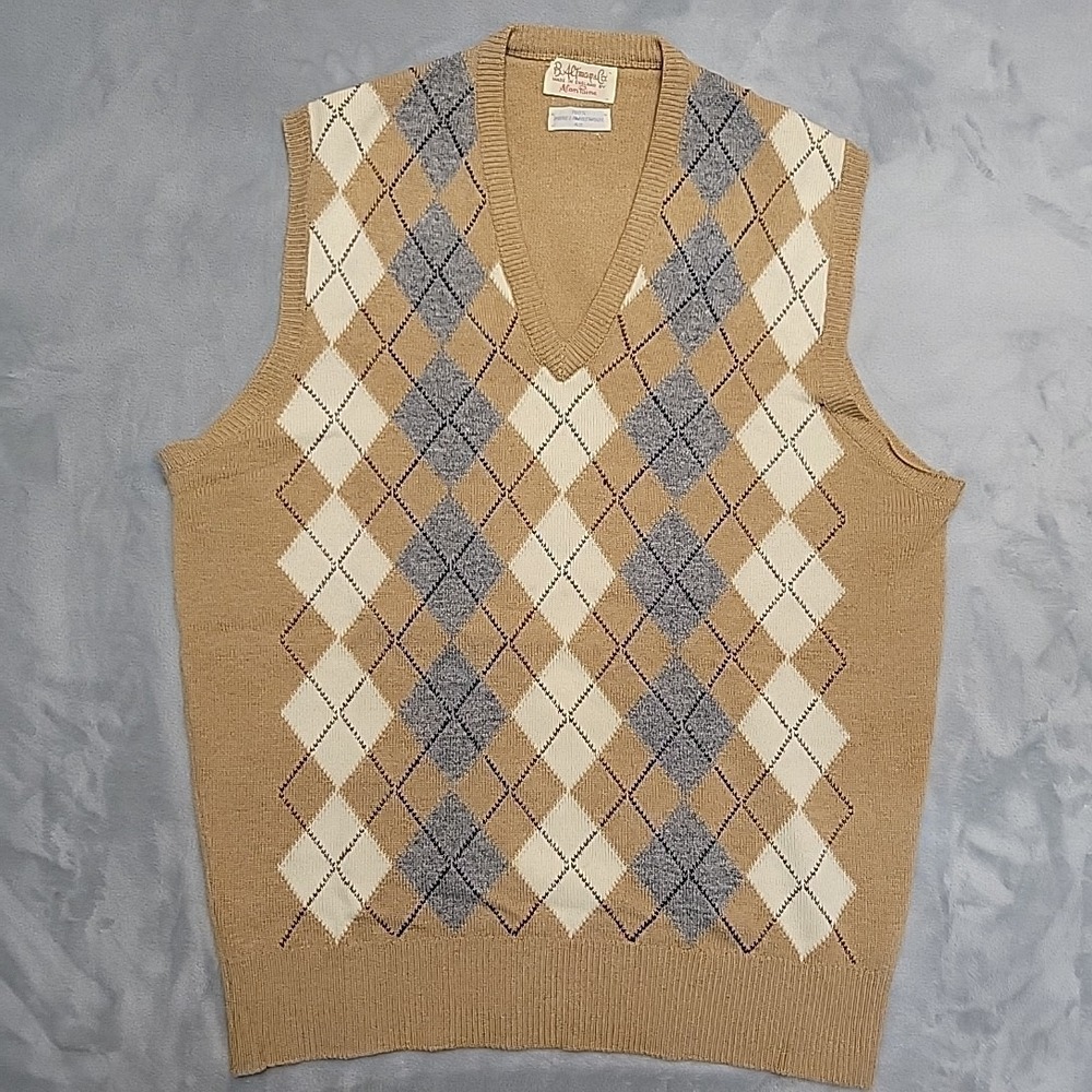 VTG Alan Paine B Altman Argyle Sweater Vest Mens 42 Tan Lambswool Preppy Golf